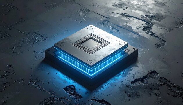 futuristic ai processor chip glowing blue on dark textured surface technology concept