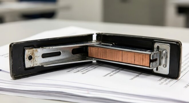 Close-up view of an open black stapler with a full strip of copper staples on top of documents.