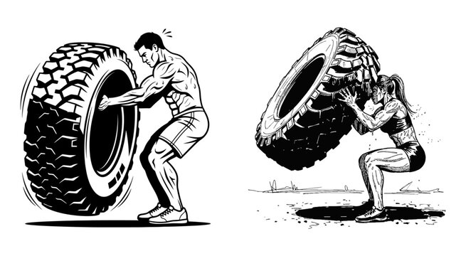 Man and woman doing heavy tire flip exercise for strength and fitness training