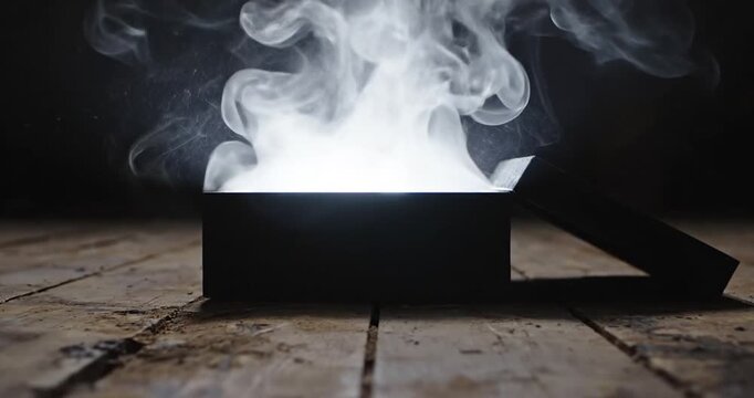 Mysterious smoke emanating from an open black box on a rustic wooden floor, creating intrigue