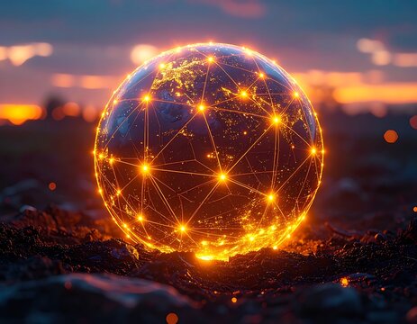 A glowing orb with a network of lines and lights on a rocky surface