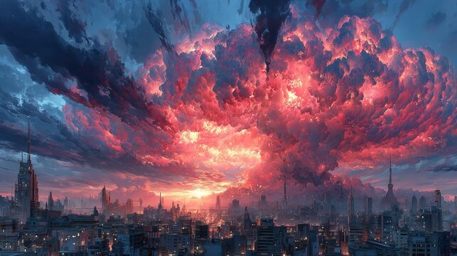 Clouds fill the sky above the city at sunset