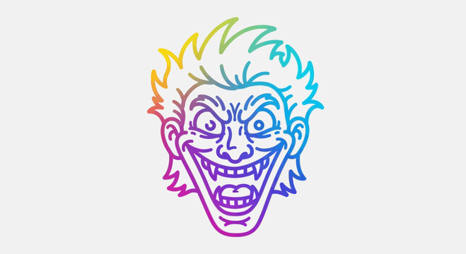 Joker Face Rainbow Gradient Outline, Evil Grin, Crazy Eyes, Comic Villain