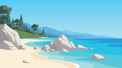Fototapeta premium Rocky Curve Mediterranean Beach Flat Design Illustration