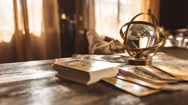 Tarot cards and crystal ball on wooden table perfect for social media campaigns and vlogs