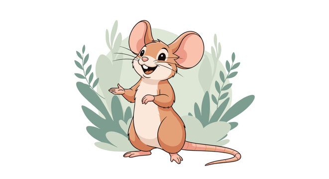 Happy little mouse character stands and gestures with its hands against a soft green leafy background illustration.