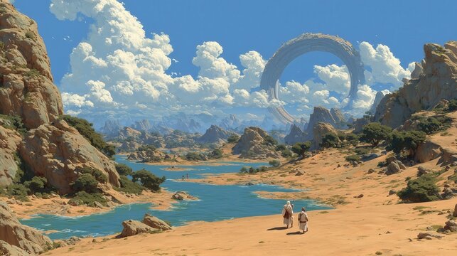 Walking through a desert landscape with a large structure above
