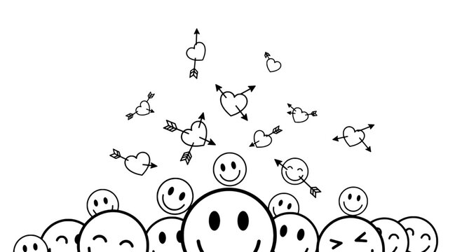 Hearts hand-drawn set with arrows and smiling faces in a crowd featuring love, romance, doodle with illustration and black and white elements for