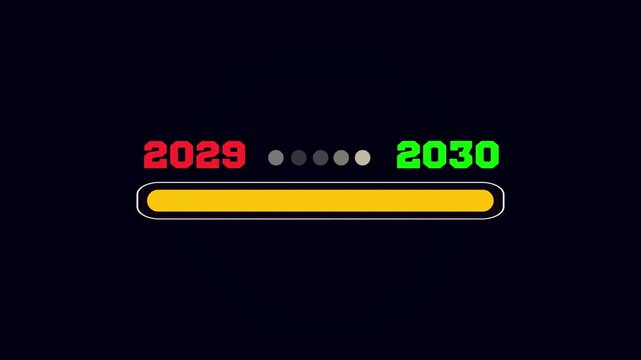 Dynamic decade transition graphic illustrating the loading bar moving from year 2029 to 2030.