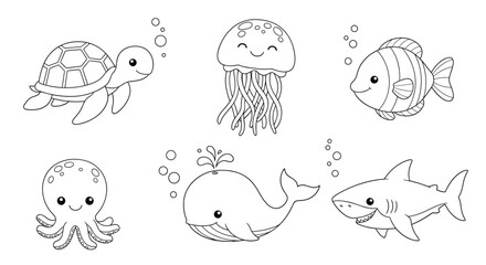 Fototapeta premium Set of sea creatures including a turtle, whale, and shark in a black and white line art style for coloring activities.