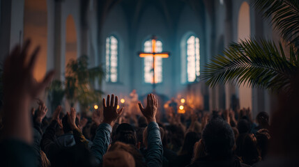 Fototapeta premium Worship church cross crowd prayer hand praise congregation palm faith religion Christian spirituality spiritual service ceremony celebration