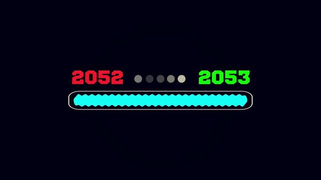 Sophisticated motion graphic of a cyan progress bar representing the seamless digital transition from year 2052 to 2053