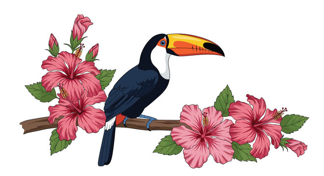 Tropical toucan bird with a colorful beak perched on a branch surrounded by pink hibiscus flowers nature artwork.
