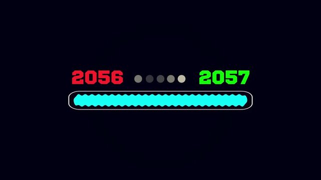 Advanced digital interface featuring a glowing cyan loading bar that illustrates the time transition from 2056 to 2057