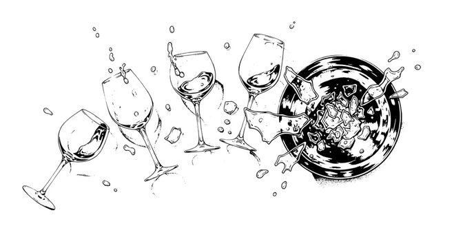 Wine glasses and ice bucket illustration with splashes and bubbles featuring black and white, sketch, line art with drinkware and barware elements
