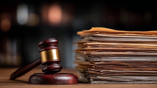 Wooden gavel with gold band beside large stack of legal documents on desk for law and justice concepts