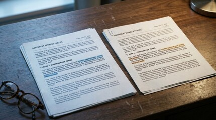 Naklejka premium Papers detailing agreements and compensation terms are spread out on a desk with glasses nearby during a legal discussion in an office.