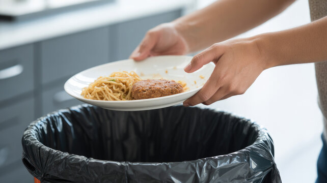 person throwing away spaghetti with meatball on white plate