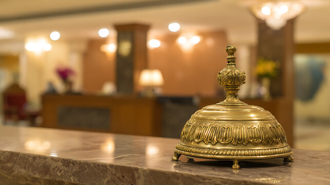 Golden bell on hotel reception counter symbolizing freedom, adventure, and exploration