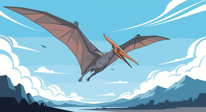 Pterodactyl dinosaur flying high in the blue sky over a mountain range in a detailed prehistoric nature scene art.