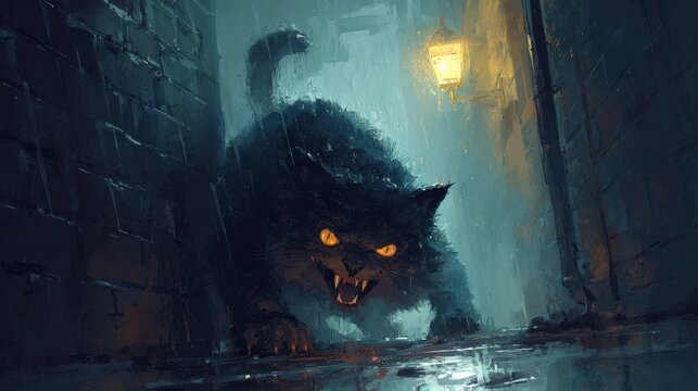 Menacing Feline in a Rainy Alley: A Dynamic Illustration of Cat Aggression