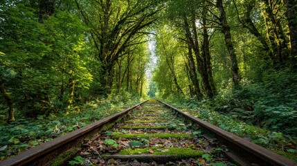 Obraz premium Parallel railway tracks stretch through dense woodland under dappled sunlight