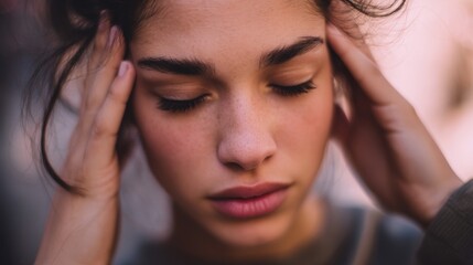 Naklejka premium Woman with hands on temples eyes closed