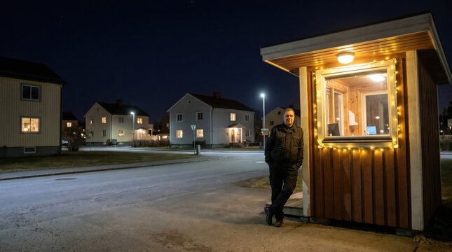 Professional male security guard standing outside a small wooden guardhouse in a quiet residential neighborhood at night.