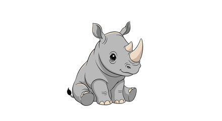 Fototapeta premium Cute baby rhinoceros sits calmly with a small smile and large horns on a simple white background in this sweet animal illustration.