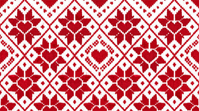 Nordic Fair Isle knitted textile seamless pattern with red heart geometric diamond and folk floral motifs realistic sweater texture vector illustration