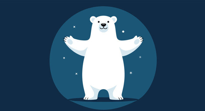Friendly polar bear stands with arms wide open against a dark blue starry night sky background inside a circular frame.