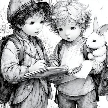 Two children write in a book while holding a rabbit