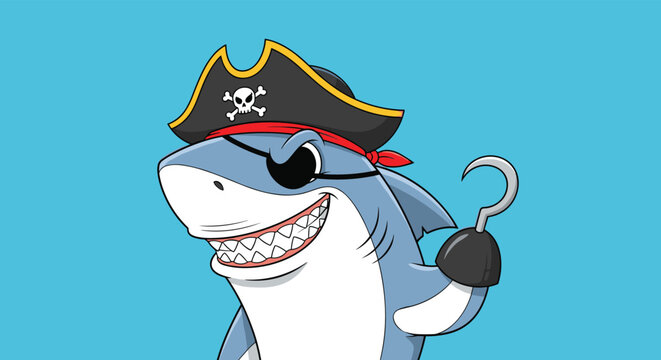 Tough shark pirate character wearing a hat with a skull and crossbones and a hook hand smiles against a blue background.