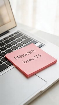 A close-up of a pink sticky note with a handwritten password on a laptop keyboard, highlighting the security risks of weak passwords.