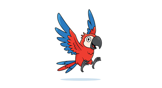 Joyful red and blue macaw parrot flies with wings spread wide against a plain white background in this vibrant illustration.
