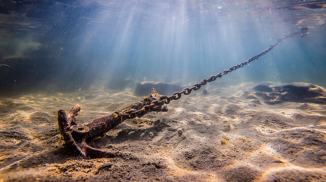 Underwater anchor and chain on sandy seabed perfect for social media campaigns and vlogs