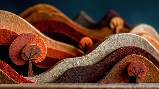 Nature scene with layered felt trees and hills in autumn colors