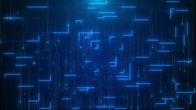 Blue digital matrix interface glowing rectangles, falling binary numbers, and dark technology grid depth. for software videos, data dashboards, cyber intros, coding screens, and tech overlays.