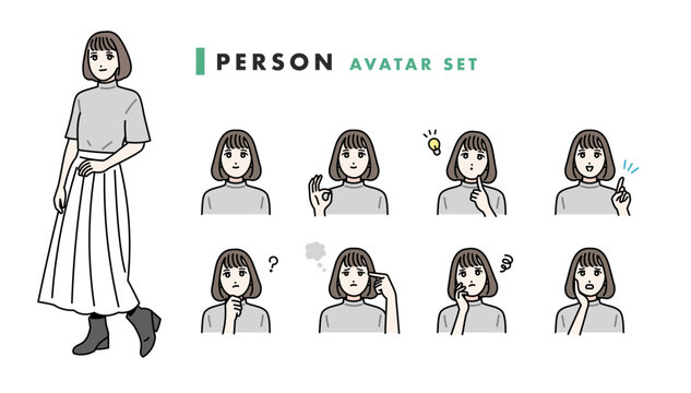 若い女性の様々な表情バリエーション　アバターセット