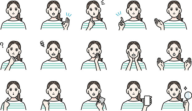 若い女性の様々な表情バリエーション　アバターセット