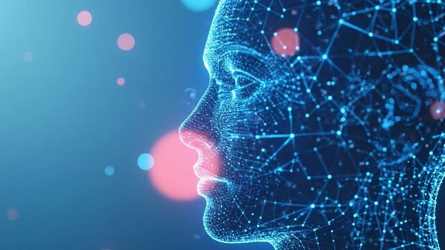 Digital wireframe human head representing artificial intelligence and data networks on an abstract blue background