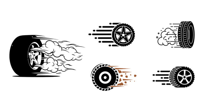 Set of black car tires moving fast with speed lines and smoke effects