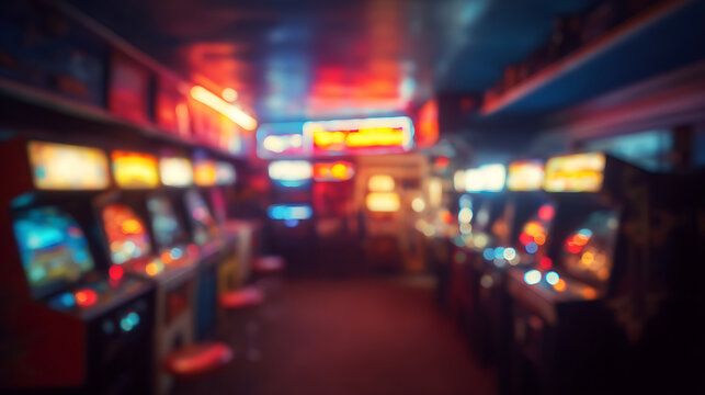 Blurred arcade game room interior emphasizing urban lifestyle and city dynamics