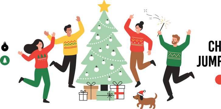 
Colorful flat design Christmas party celebration scene with jumping people dancing around decorated tree gifts sparklers and dog vector illustration