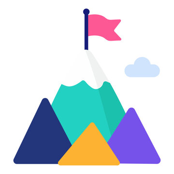 Colorful mountain peaks with flag on top symbolizing success, achievement, goals, milestones, leadership, and reaching new heights in business or personal growth.