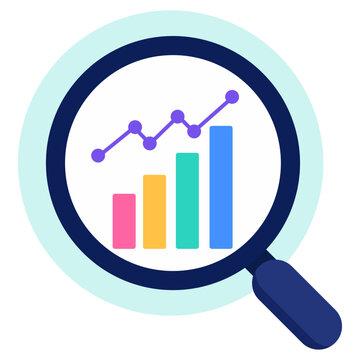 Magnifying glass over colorful bar chart and line graph representing data analysis, business growth, statistics, performance tracking, and market research insights.