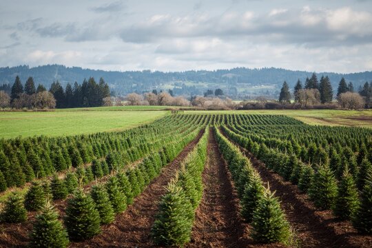 Spring Farm Scene: Staggered Douglas Fir Christmas Trees in a Willamette Valley Orchard