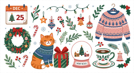 Fototapeta premium Colorful Christmas holiday composition with cute cat sweater snow globe wreath calendar gift and festive botanical elements vector illustration