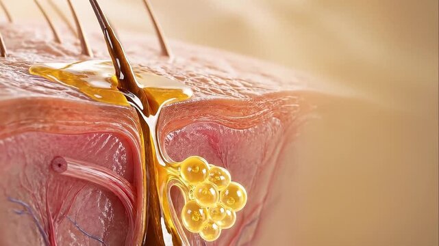 Sebaceous gland oil production in skin anatomy close up reveals detailed hair follicle structure supporting natural oil secretion for balanced skin pore health hydration and smooth texture biology