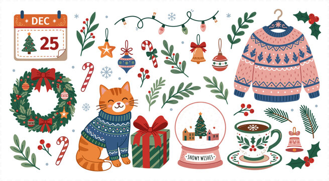 Colorful Christmas holiday composition with cute cat sweater snow globe wreath calendar gift and festive botanical elements vector illustration